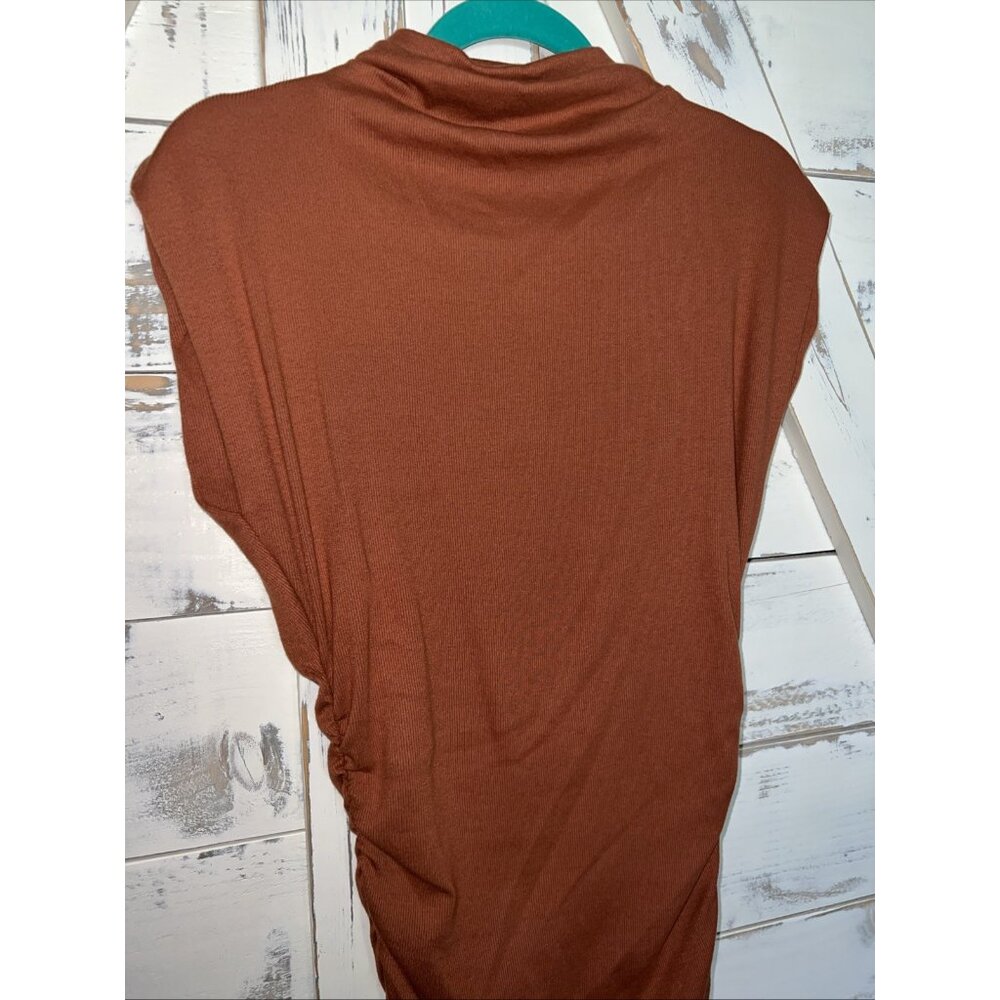 Michael Stars Gia Rib Knit Mock Neck Ruched Mid Legnth Dress M Cap Sleeve Rust - Picture 3 of 11